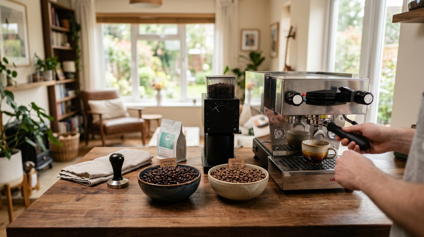 Two open coffee bags side by side — one labeled espresso roast and one labeled coffee — on a marble counter next to an espresso machine and a pour-over dripper