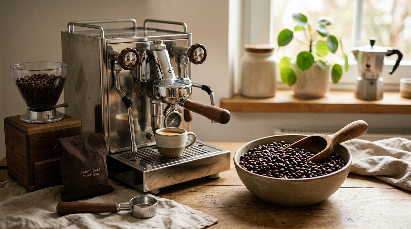Dark roast espresso beans spilling from a kraft bag next to a portafilter loaded with grounds and a pulled double espresso