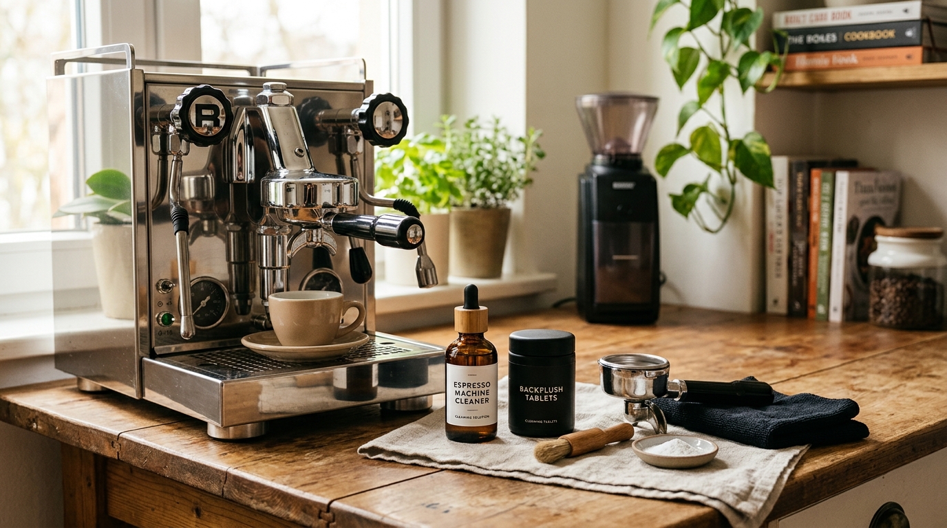Espresso machine cleaning kit with backflush tablets, group head brush, and portafilter scrubber on a marble counter