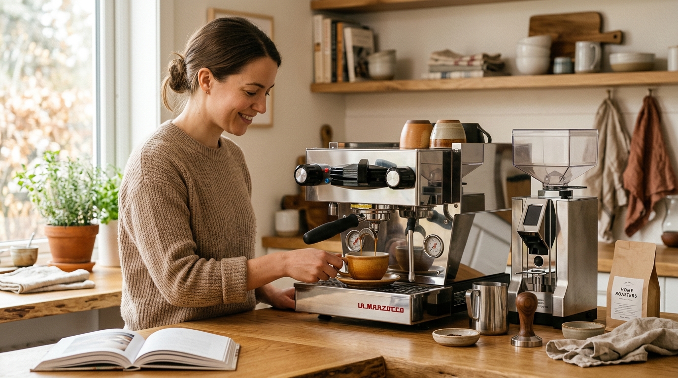 Home kitchen counter with espresso machine pulling a shot into a ceramic cup in morning light