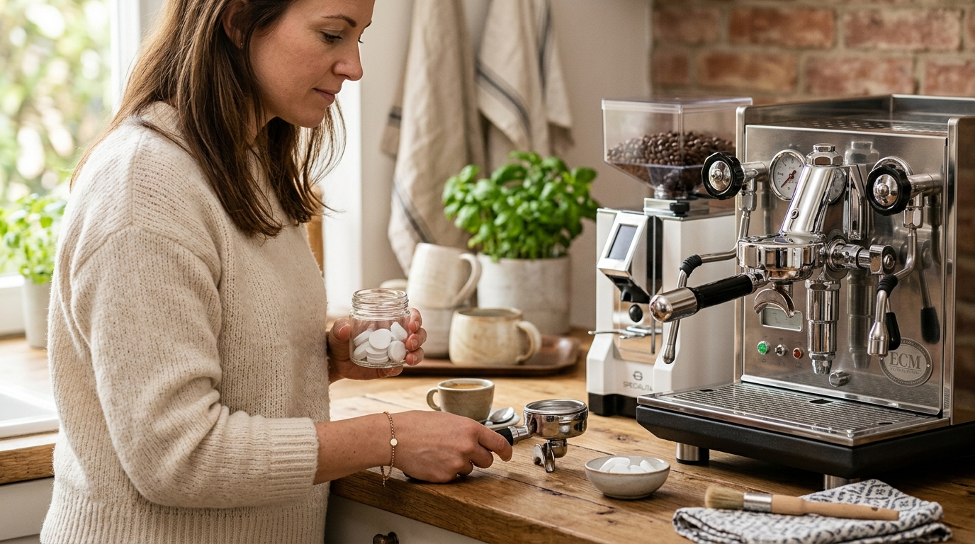 Espresso machine cleaning tablets next to a portafilter and blind basket on a white marble countertop