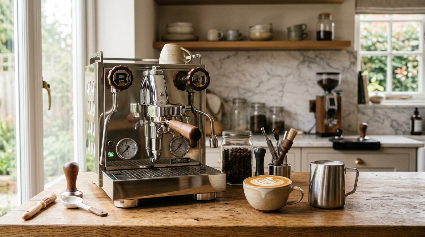 Home espresso machine with steam wand texturing milk in a stainless steel pitcher with espresso shot ready for latte art