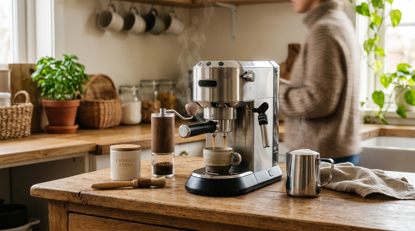 Budget espresso machine pulling a shot into a small ceramic cup on a home kitchen counter