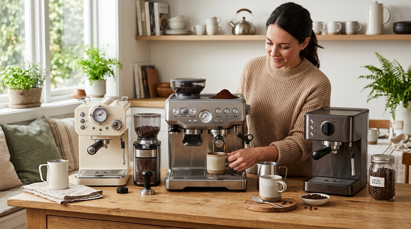Breville Bambino espresso machine pulling a shot with golden crema on a white kitchen counter
