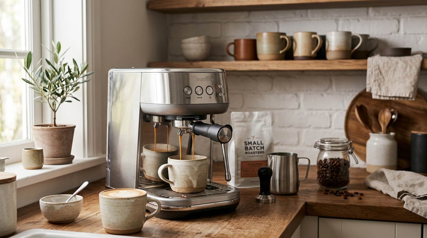 Slim compact espresso machine pulling a fresh espresso shot on a tight kitchen counter between a microwave and cabinet