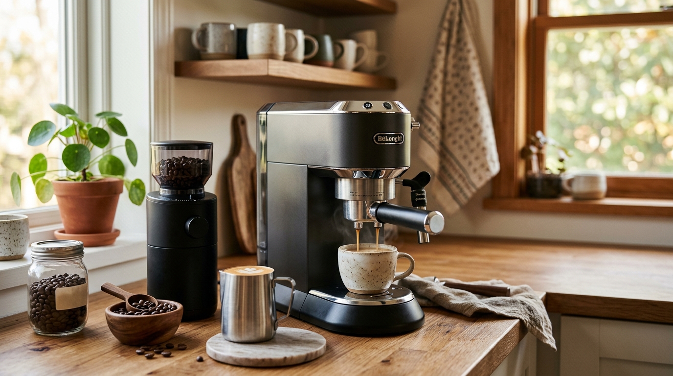Compact budget espresso machine pulling a rich shot into a ceramic demitasse on a home kitchen counter
