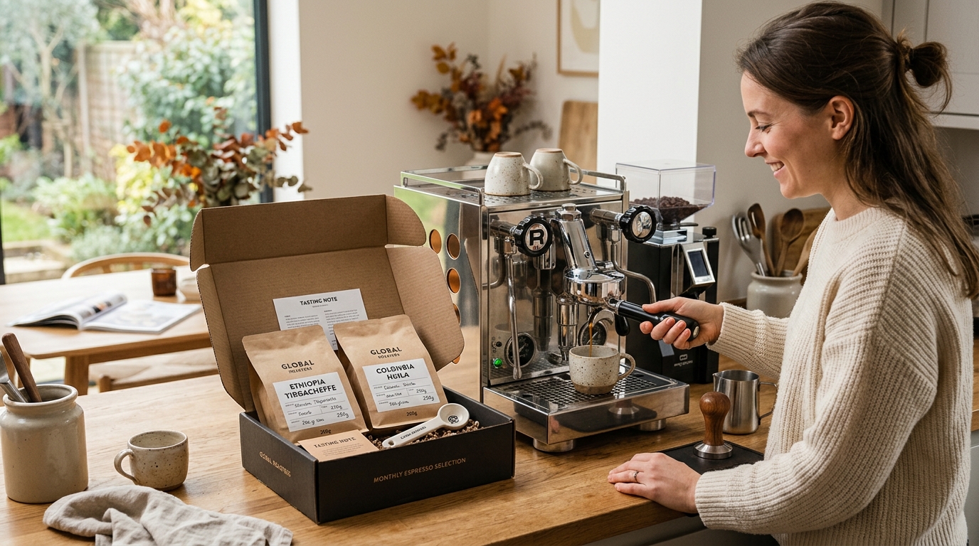 Selection of specialty espresso subscription coffee bags arranged on a wooden counter with a semi-automatic espresso machine in the background