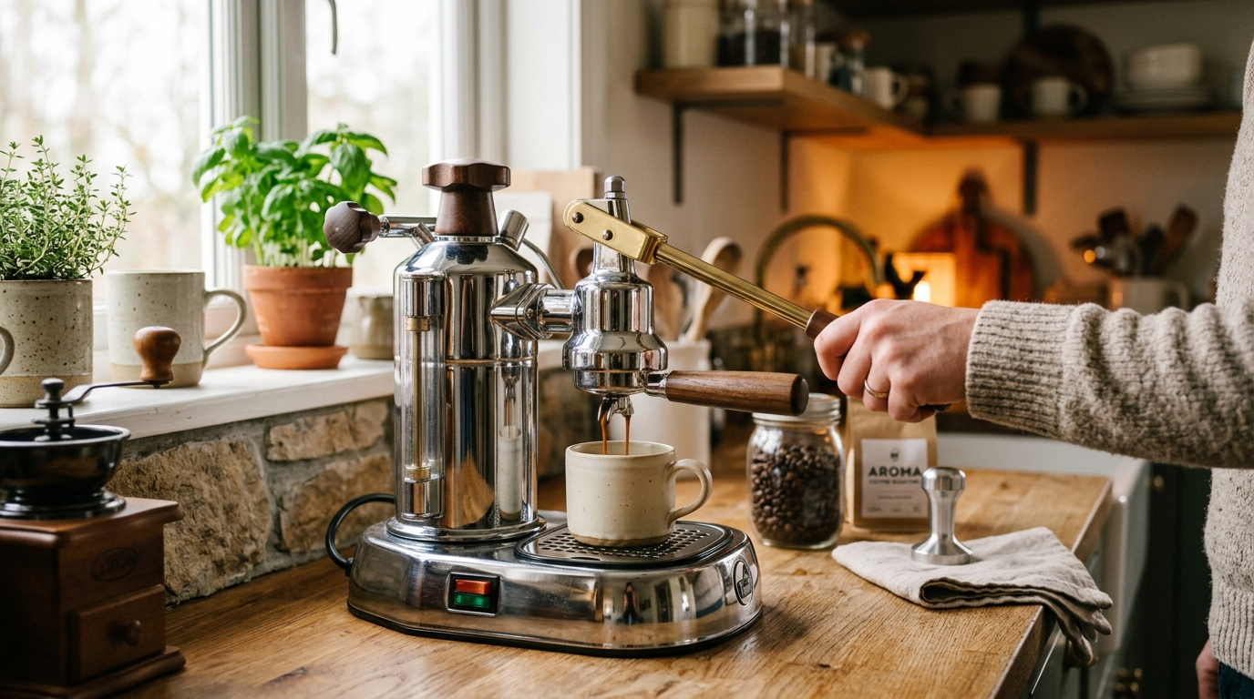 Manual lever espresso machine pulling a rich espresso shot with golden crema on a wooden kitchen counter