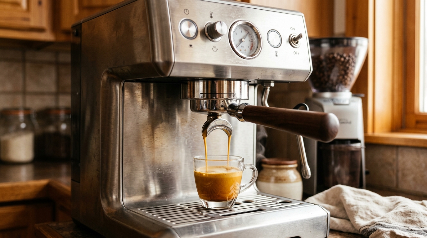 Prosumer espresso machine pulling a shot with crema, dark wood counter