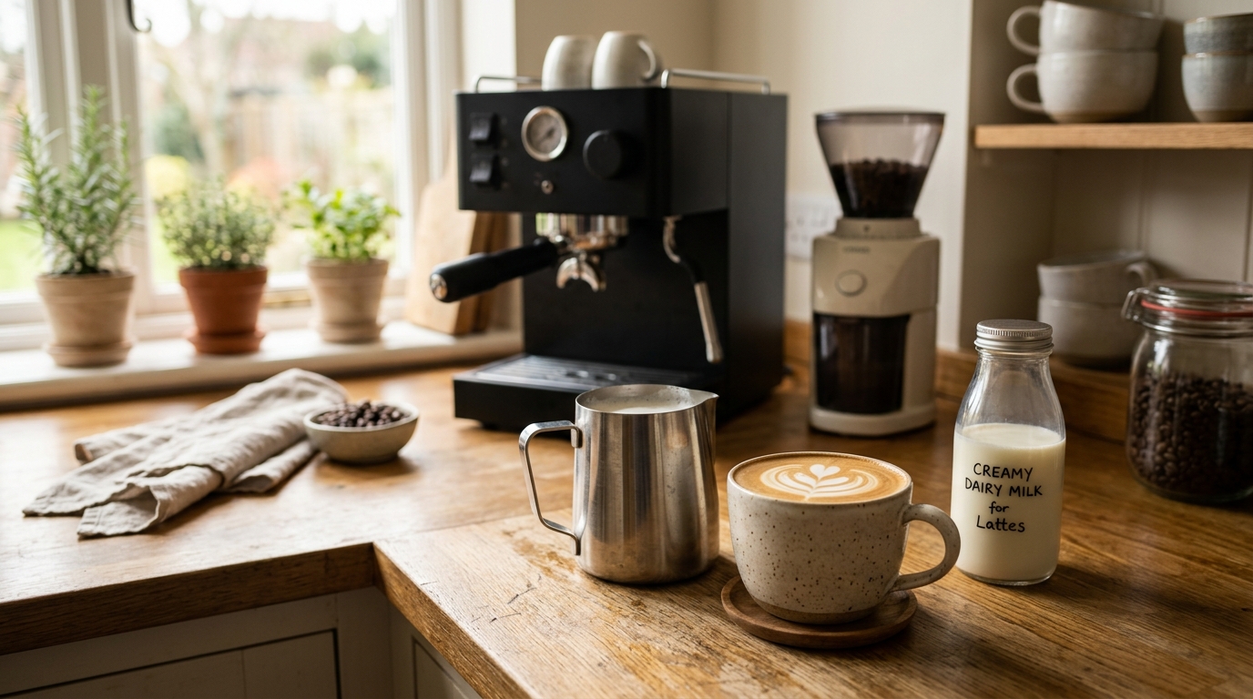 Barista pouring steamed whole milk from a stainless pitcher into an espresso shot, creating a latte with glossy microfoam