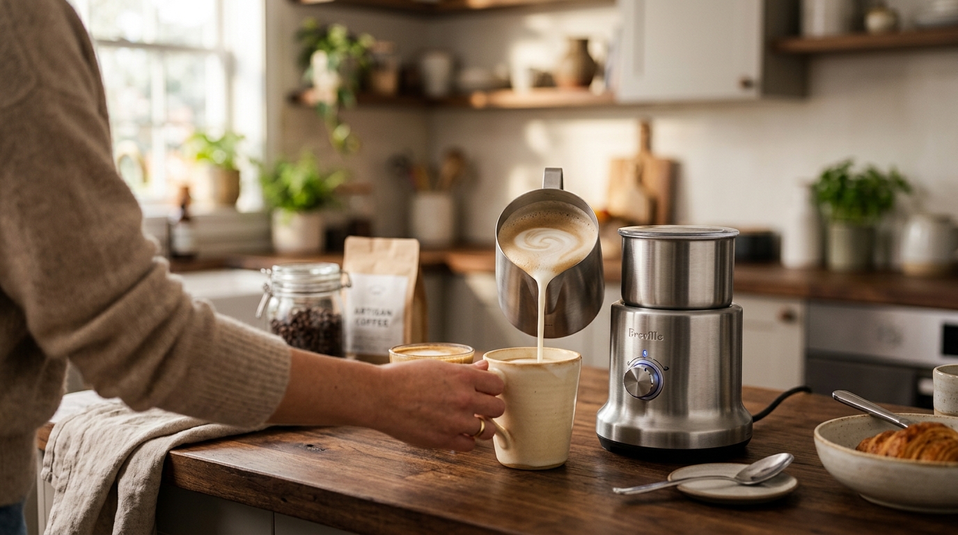 Electric countertop milk steamer with a stainless jug of frothed milk beside a home espresso machine
