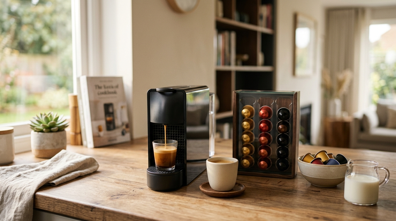 Nespresso Original Line capsules in assorted colors arranged on a white kitchen counter beside an espresso machine