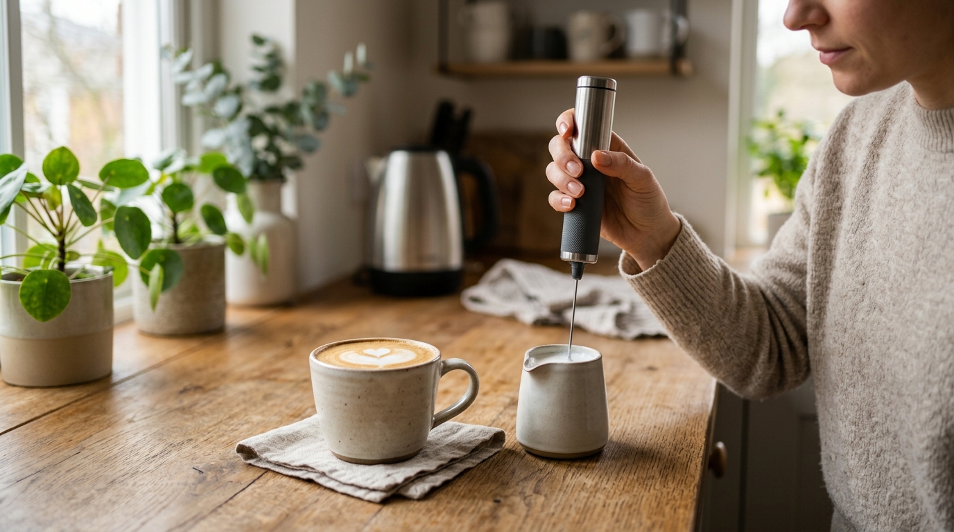Compact battery-powered milk frother wand resting beside a travel coffee kit with a small stainless cup of frothed milk