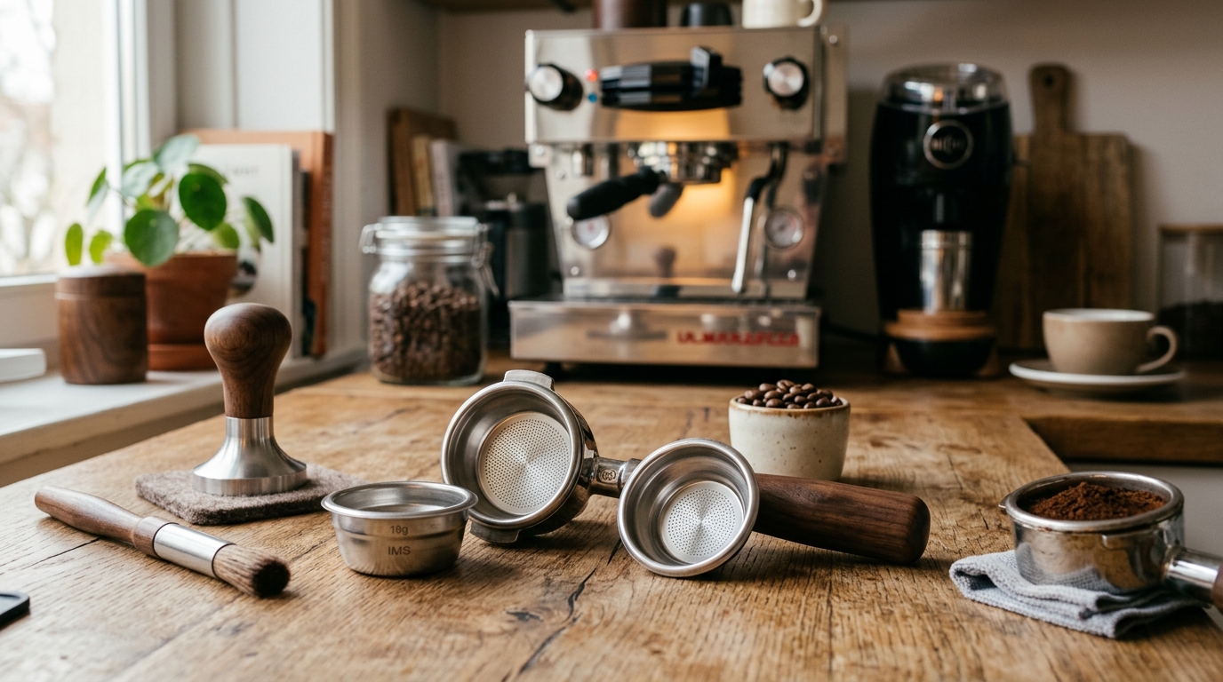 Precision espresso portafilter basket with an even puck of freshly tamped ground coffee viewed from above on a white marble counter