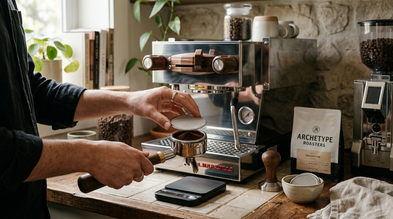 Three stainless steel espresso puck screens with fine mesh arranged beside a 58mm portafilter on a dark slate espresso bar counter