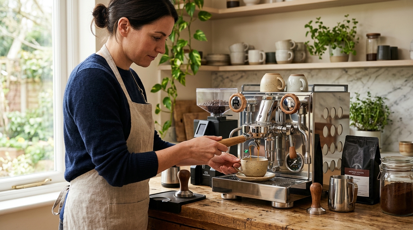 Semi-automatic espresso machine pulling a rich espresso shot with golden crema into a white demitasse cup on a marble kitchen counter