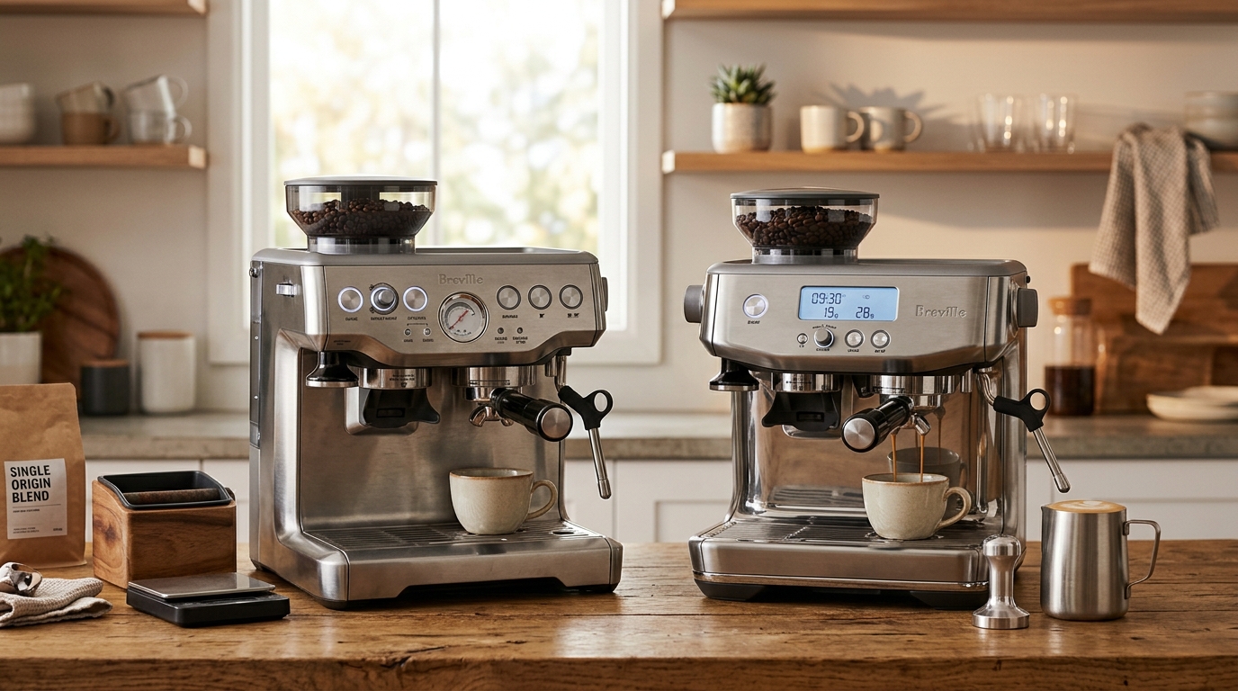 Breville Barista Pro and Barista Express espresso machines side by side on a kitchen counter with portafilter and coffee cup