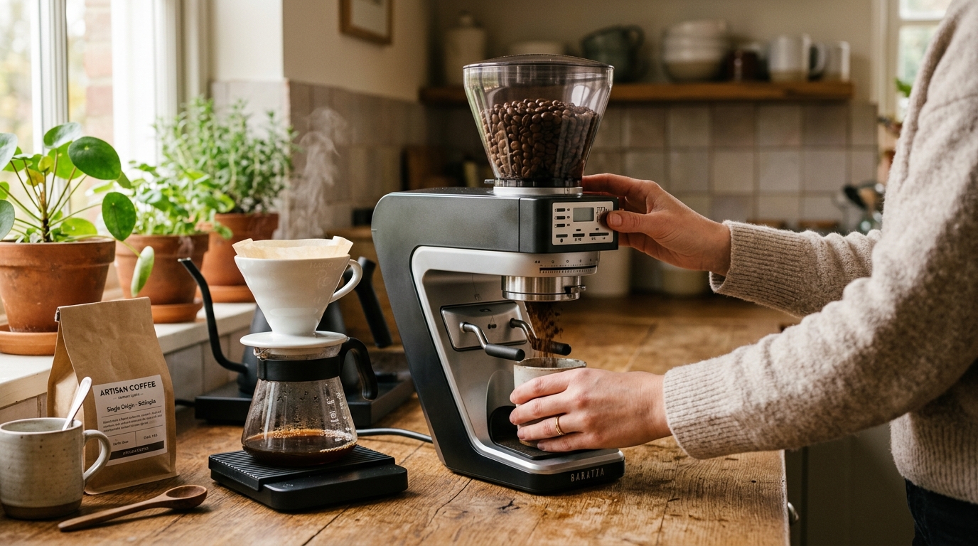 Electric burr coffee grinder beside a pour-over dripper, bag of whole bean coffee, and a cup of freshly brewed coffee on a light wood counter