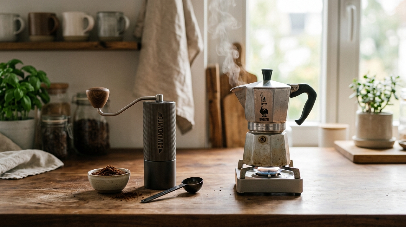 Burr coffee grinder beside a moka pot and espresso cup on a marble kitchen counter
