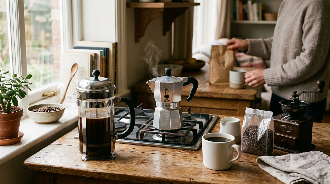 A Bodum cafetiere and a Bialetti moka pot side by side on a kitchen counter, representing two popular home coffee methods