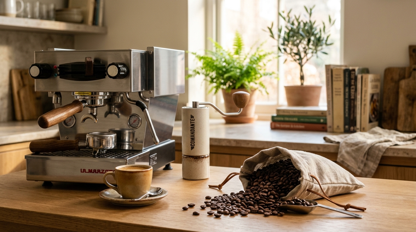 Close-up of freshly roasted espresso beans with a rich dark mahogany color, showing a glossy surface from natural oils