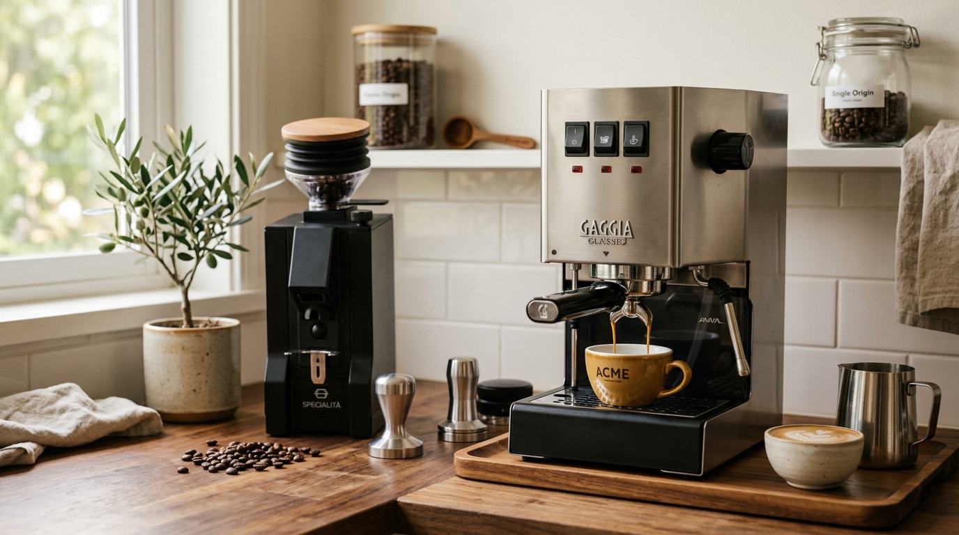Gaggia Classic Pro espresso machine on a kitchen counter with a portafilter, tamper, and freshly pulled double espresso shot