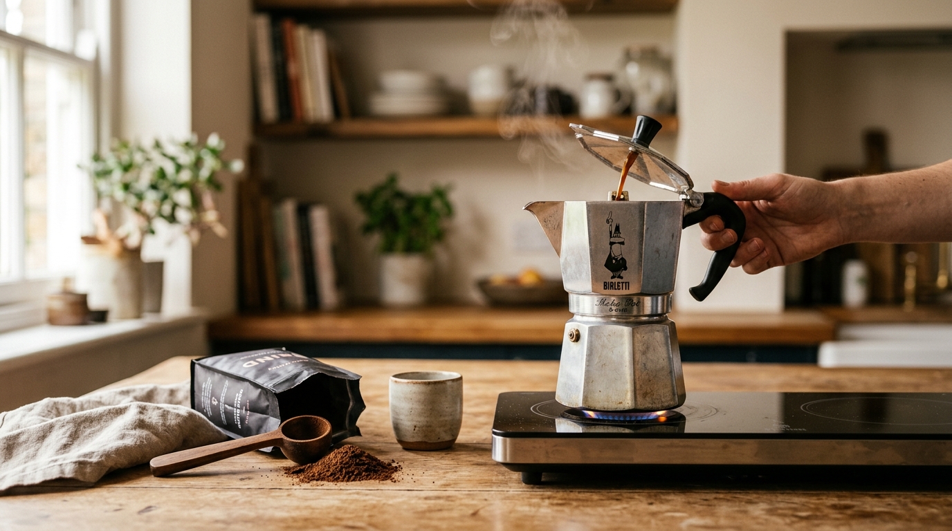 Freshly ground coffee filling a moka pot basket beside a burr grinder on a kitchen counter