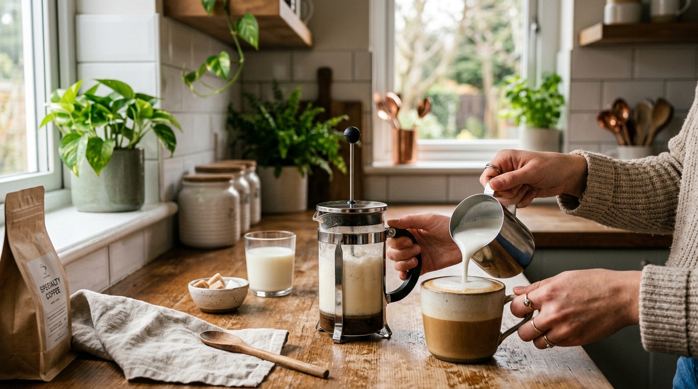 Hands shaking a sealed mason jar filled with steamed milk to create foam without a frother, with a cup of espresso nearby