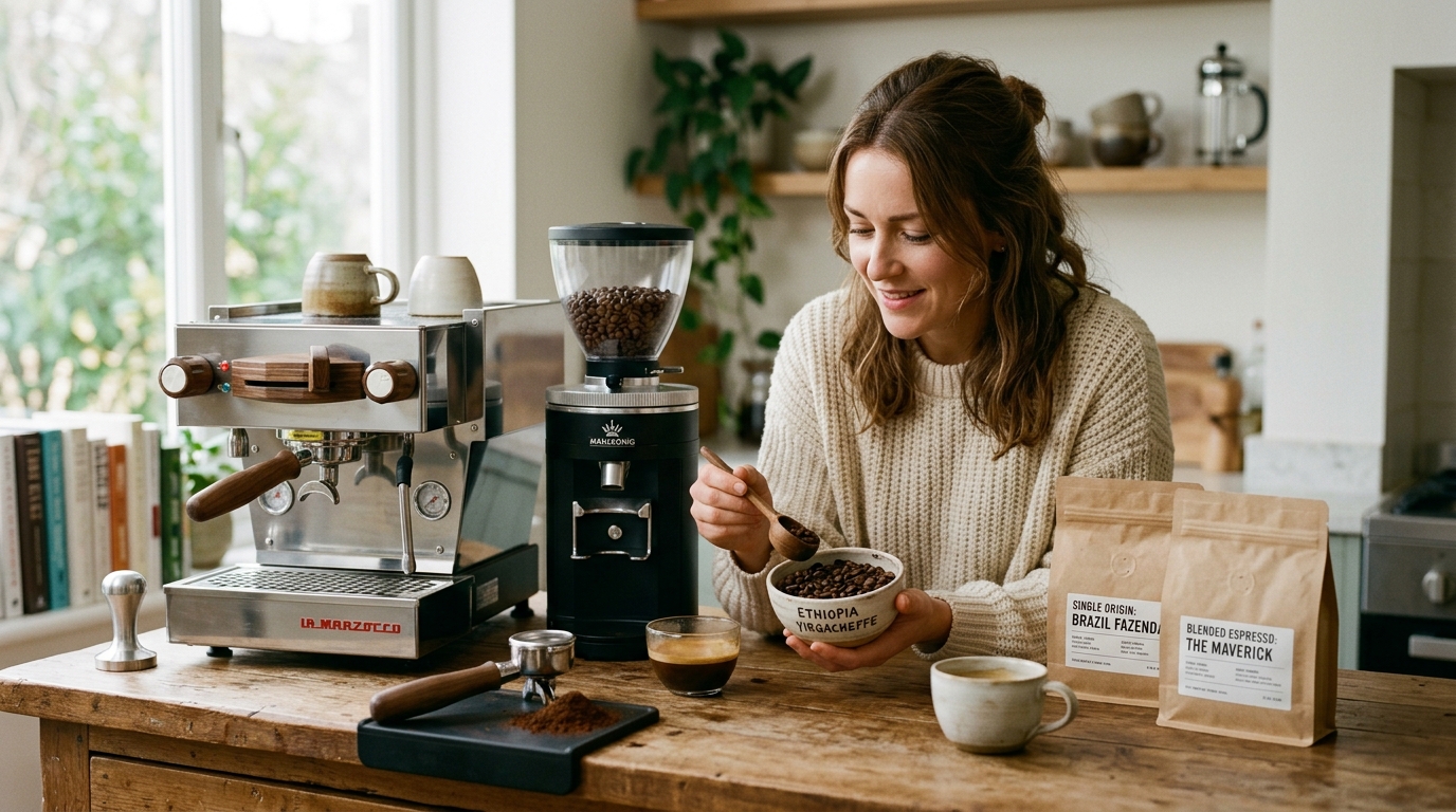 Whole espresso beans in a portafilter basket on a wooden counter
