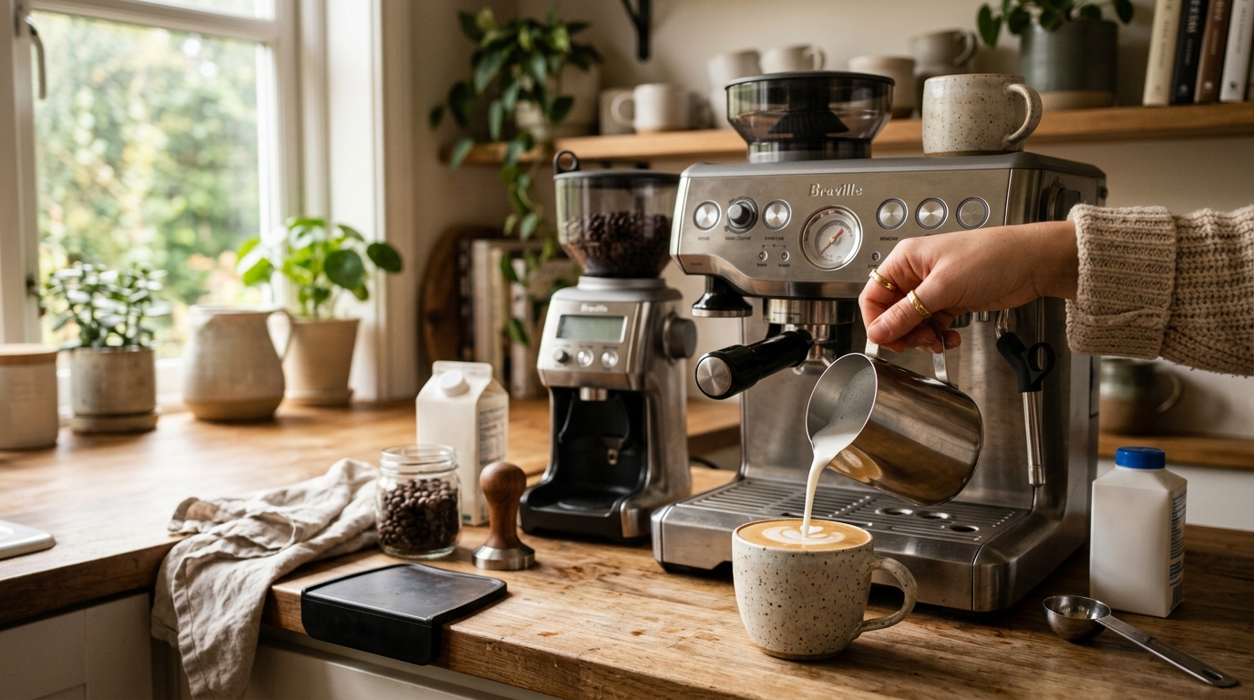 A flat white served in a 5-6 oz ceramic cup with a latte art rosette on a white marble counter