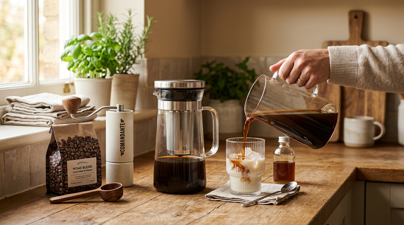 Cold brew espresso concentrate in a glass mason jar beside a fine-mesh strainer and paper filter on a kitchen counter