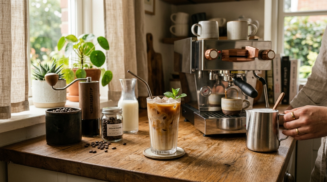 Iced latte in a tall clear glass with a dark espresso layer beneath cold whole milk and ice cubes on a marble counter