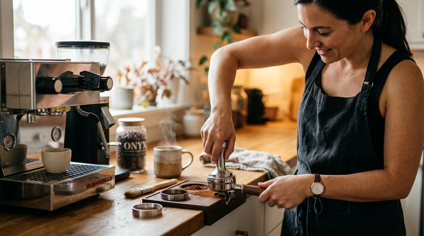 Barista tamping a portafilter basket with a calibrated tamper on a tamping mat, showing level technique