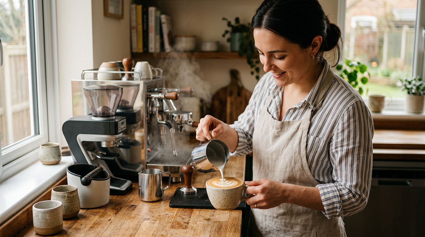 Barista pouring steamed milk into an espresso cup to create a latte art heart pattern