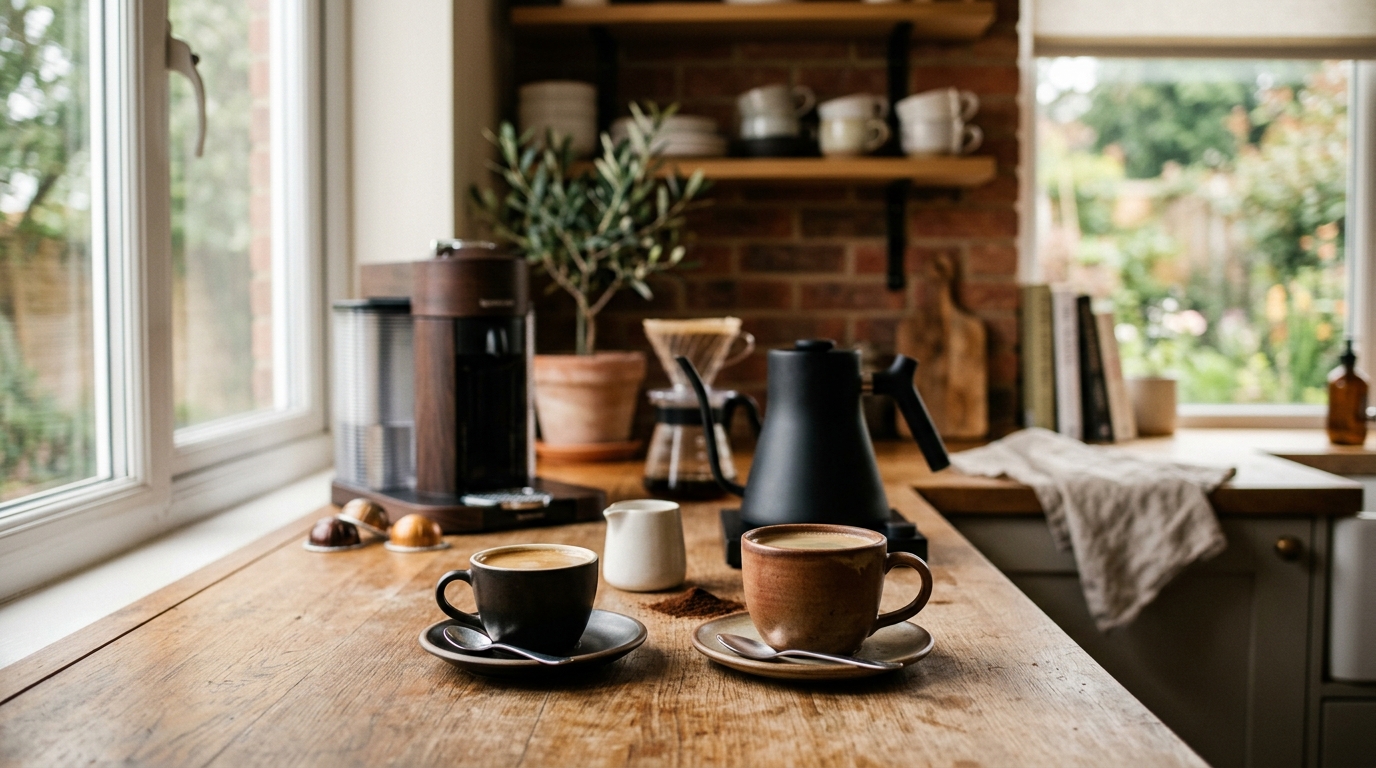 A tall lungo glass and a white Americano mug side by side on a cafe counter, both filled with dark espresso-based drinks