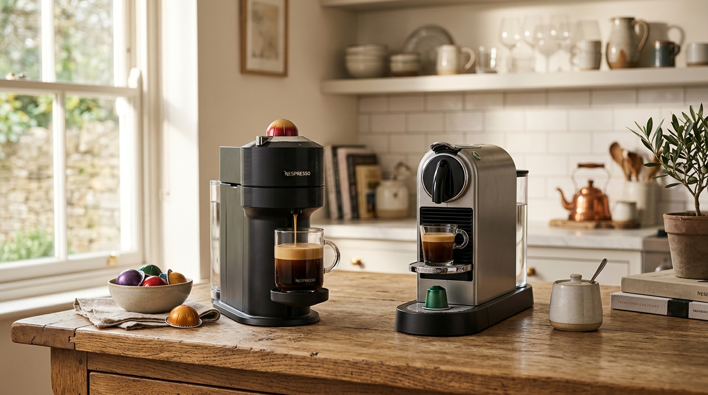 A Nespresso Vertuo Next machine next to a Nespresso Essenza Mini on a kitchen counter, showing both capsule formats side by side