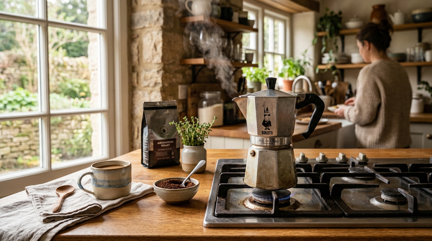 Classic aluminum octagonal Bialetti moka pot on a gas stove next to a small white espresso cup