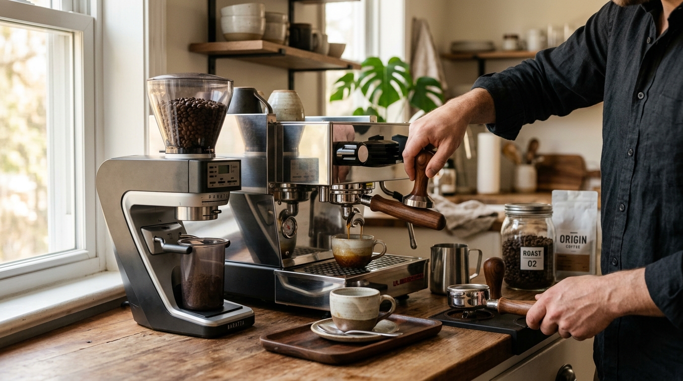 Close-up of a double espresso shot pulling into a white demitasse, showing dark crema and slow over-extracted flow